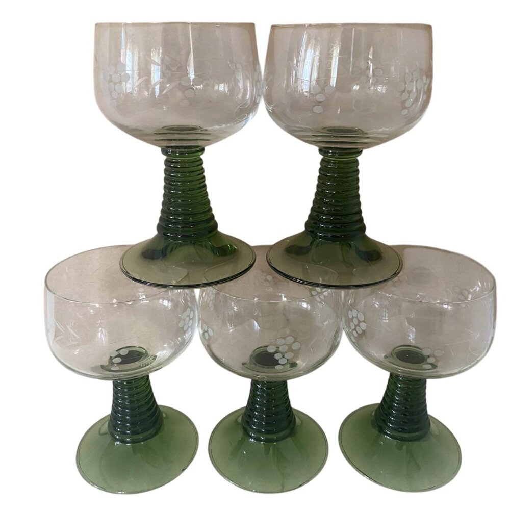 Schott Zwisel 5 Crystal‎ Wine Goblets Glasses Beehive Stems Etched Floral Design
